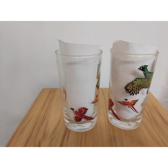 VINTAGE HAZEL ATLAS PHEASANT SCENE DRINKING GLASSES 5.5" rainbow set of 2 - Picture 3 of 4